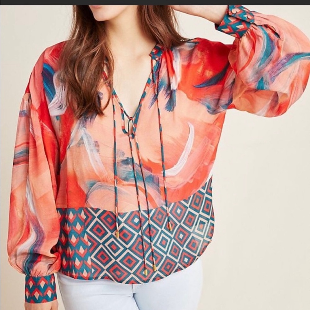 Anthropologie Blank London Siena Peasant
Blouse Multi Color Mixed Print Fall S